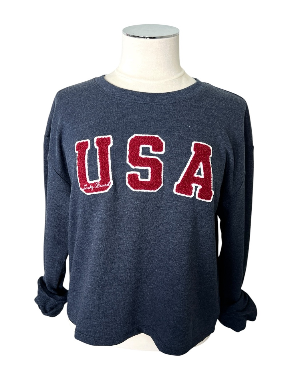 LUCKY BRAND Blue USA Sweater Red Appliqué Letters Crewneck Sweatshirt Sz Medium